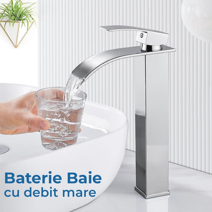 Baterie Chiuveta Argintie Inalta Tip Cascada Elindor®, Robinet Modern Monocomanda pentru Baie, Otel Inoxidabil, Montare pe Blat, Jet Larg, Incastrata, Multifunctionala Design Elegant pentru Lavoar sau Vas, Finisaj Lucios Cromat, Dubla Comanda