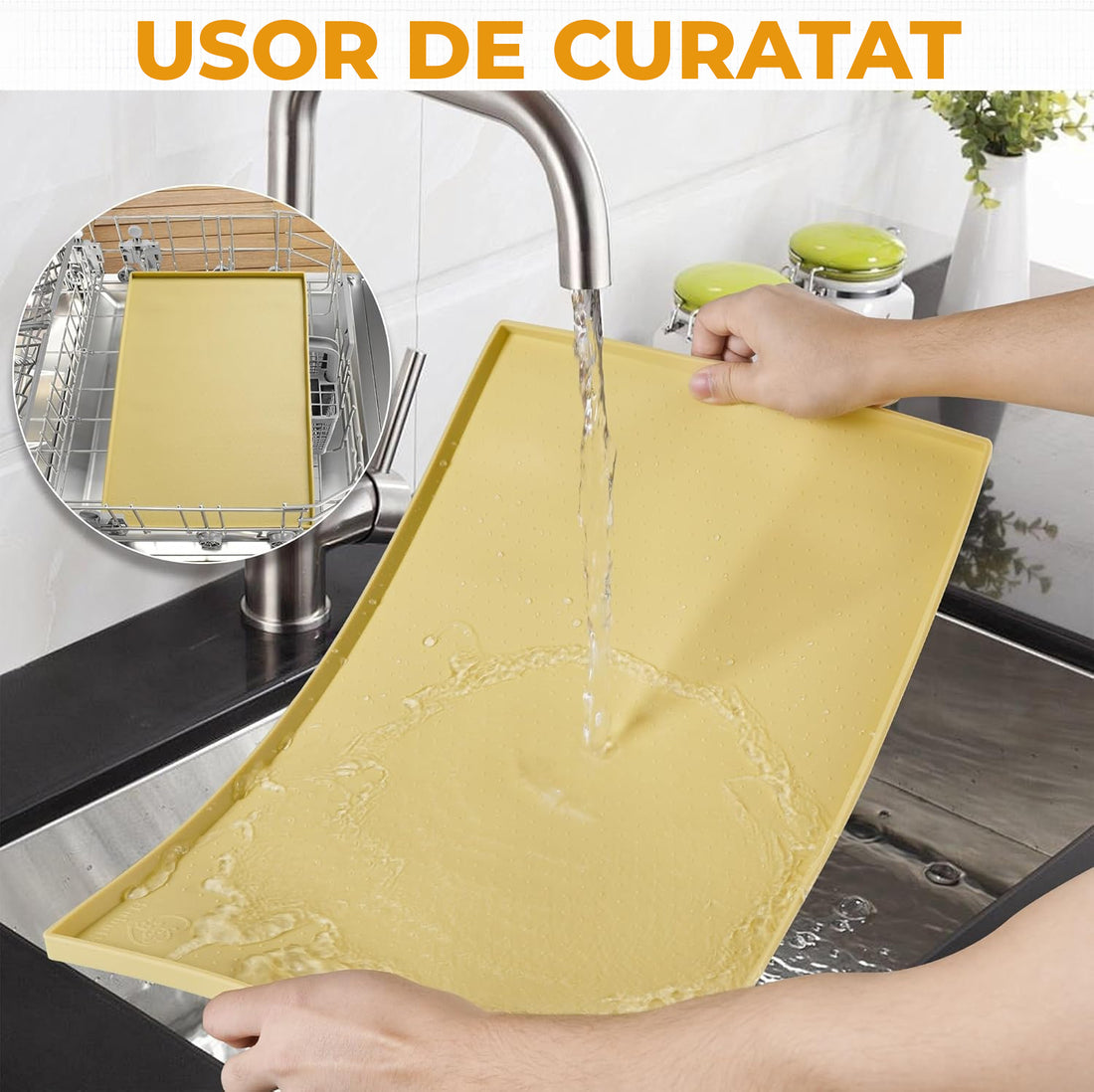 Covoras Hranire Silicon Elindor® pentru Bol Mancare Caini si Pisici, Suport Antialunecare si Impermeabil pentru Boluri Hrana si Apa Animale, Margine Inaltata 1.2 cm, Accesorii Usor de Curatat, Rezistent, 60x40 cm, Galben