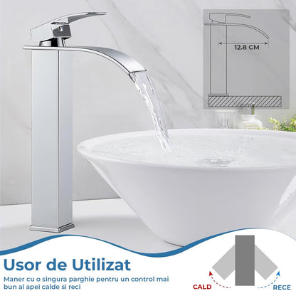 Baterie Chiuveta Argintie Inalta Tip Cascada Elindor®, Robinet Modern Monocomanda pentru Baie, Otel Inoxidabil, Montare pe Blat, Jet Larg, Incastrata, Multifunctionala Design Elegant pentru Lavoar sau Vas, Finisaj Lucios Cromat, Dubla Comanda