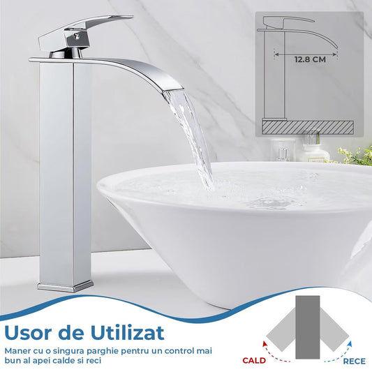 Baterie Chiuveta Argintie Inalta Tip Cascada Elindor®, Robinet Modern Monocomanda pentru Baie, Otel Inoxidabil, Montare pe Blat, Jet Larg, Incastrata, Multifunctionala Design Elegant pentru Lavoar sau Vas, Finisaj Lucios Cromat, Dubla Comanda