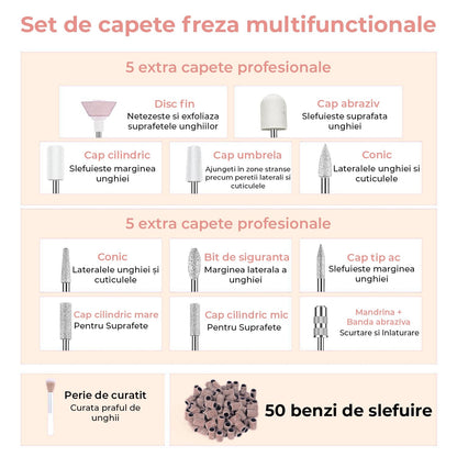 Freza unghii profesionala manichiura pedichiura si cuticule , pila electrica wireless pentru manichiura-pedichiura, set 11 capete / bituri, reincarcabila, 25.000 RPM, aparat cu 25 trepte de viteza, comutator de directie, design ergonomic, Auriu