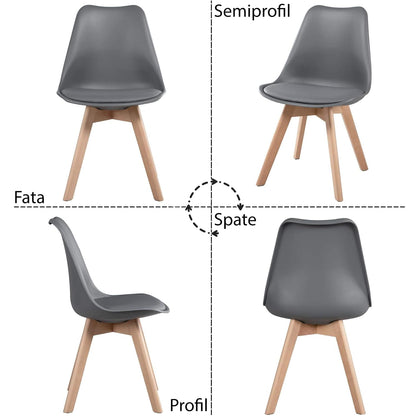 Set 4 Scaune Elindor® Stil Retro, Piele Ecologica si Picioare din Lemn, Gri