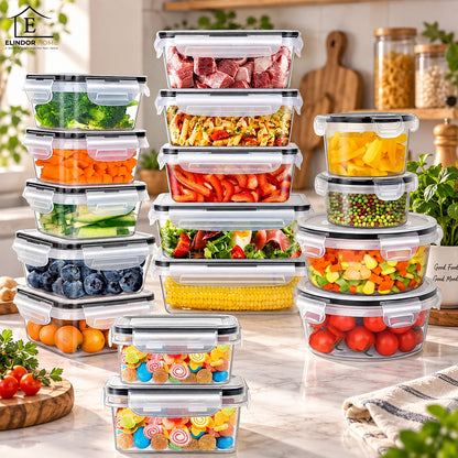 Set de 24 Caserole Elindor® Recipiente Ingrediente pentru Bucatarie, pentru Alimente Uscate, Recipient pentru Depozitare Cafea, Zahar, Paste, Cereale, Capac Etans, fara BPA, Potrivit pentru Congelator Transparent