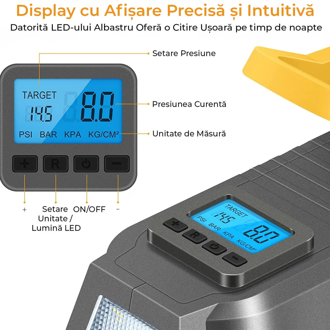 Compresor de Aer Elindor® Portabil cu Display LCD, Alimentare 12V/220V, Gri