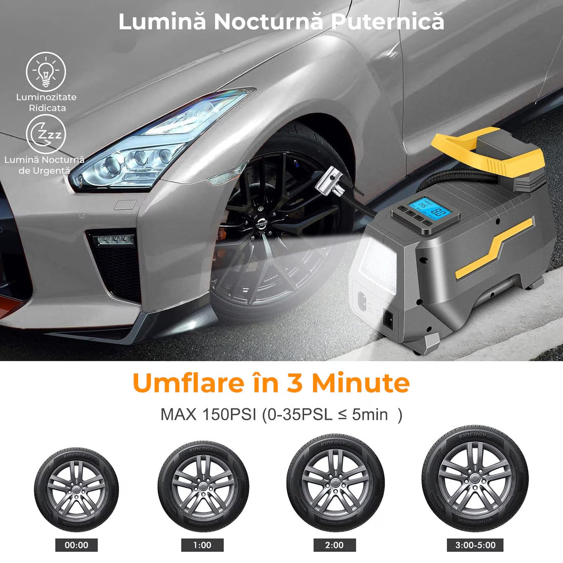 Compresor de Aer Elindor® Portabil cu Display LCD, Alimentare 12V/220V, Gri