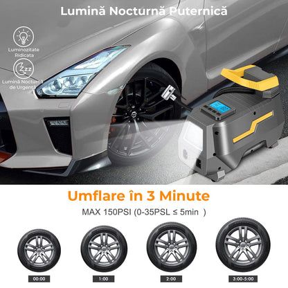 Compresor de Aer Elindor® Portabil cu Display LCD, Alimentare 12V/220V, Gri