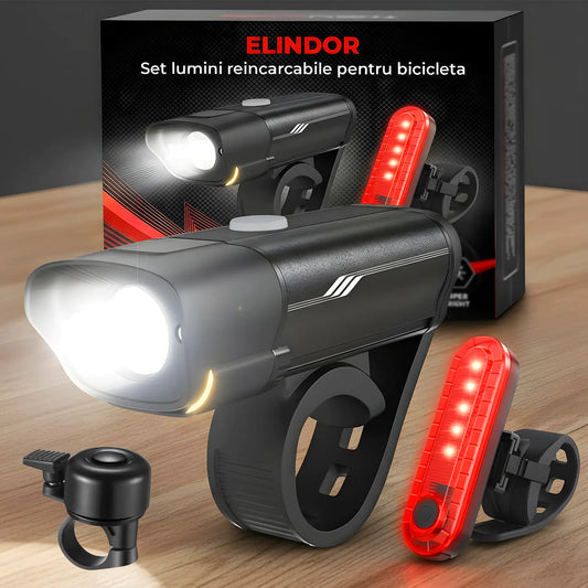 Set Lumini pentru Bicicleta Elindor® Far Fata 400 Lumeni, cu 5  Moduri de Iluminare, Lumina Stop Spate LED, Impermeabil IPX4, Faruri cu Incarcare USB, Montaj Rapid, Vizibil pe Timp de Zi si Noapte, Accesorii Bicicleta, Clopotel Inclus Negru