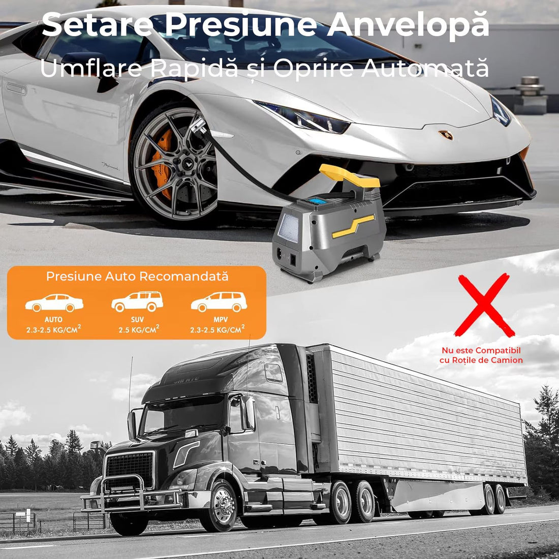 Compresor de Aer Elindor® Portabil cu Display LCD, Alimentare 12V/220V, Gri