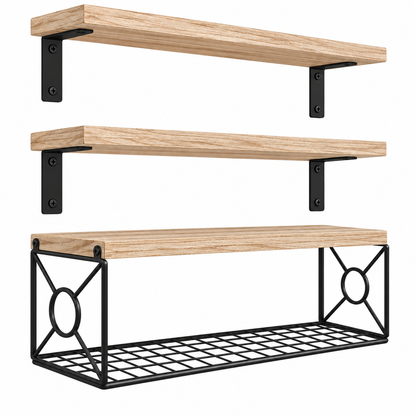 Set 3 Rafturi Elindor®, Raft Suspendat de Depozitare, Mobila Bucatarie, Dormitor, Baie sau Birou, 2 Polite si 1 Raft Dublu, Perfect pentru Organizare Carti, Vesela, Condimente, Polita Produse Diverse, 40 x 14 x 1.5 cm, Natur