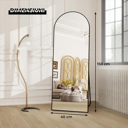 Oglinda Elindor® Cadru din Aluminiu, 150x40 Cm, Design Arcada, Modern, Montaj pe Perete sau Podea, Ideala pentru Dormitor, Living sau Hol, Negru
