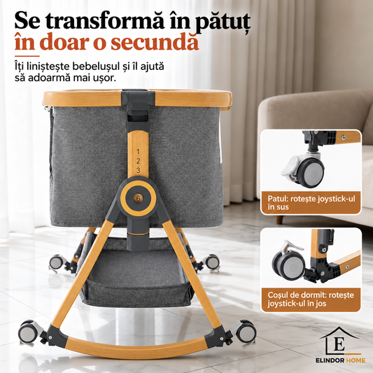 Patut Pliabil Bebelusi Elindor® 3 in 1, pentru Copii 0-6 luni, Leagan Bebe pe 2 Etaje, Cos Depozitare, 6 Trepte de Inaltime Reglabila, Portabil, Plasa Laterala, Plasa Anti-insecte, Roti cu Sistem Blocare, Saltea Integrata, Greutate Maxima 10 kg, Gri