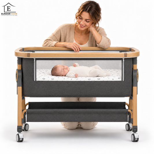 Patut Pliabil Bebelusi Elindor® 3 in 1, pentru Copii 0-6 luni, Leagan Bebe pe 2 Etaje, Cos Depozitare, 6 Trepte de Inaltime Reglabila, Portabil, Plasa Laterala, Plasa Anti-insecte, Roti cu Sistem Blocare, Saltea Integrata, Greutate Maxima 10 kg, Gri