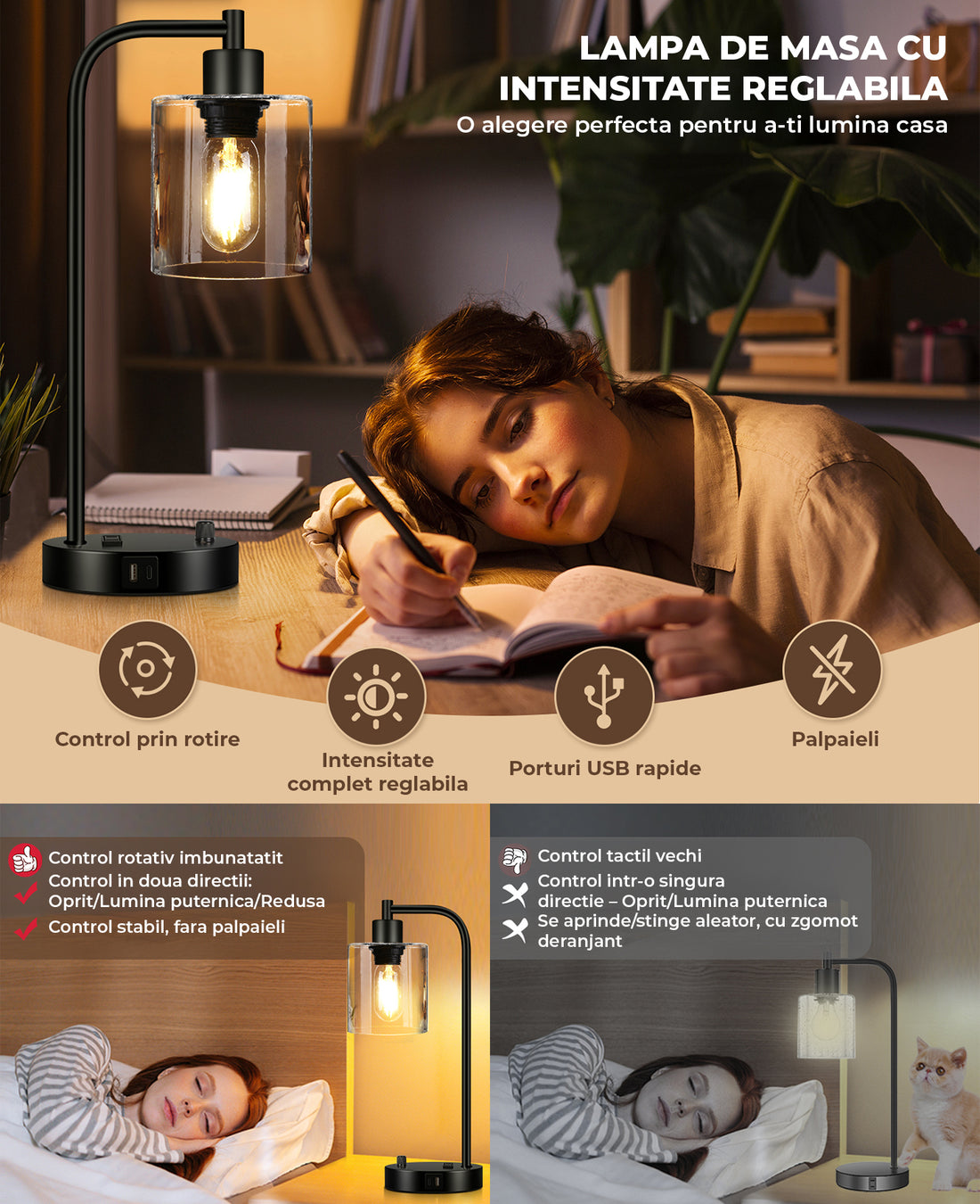 Set 2 Veioze de Noptiera Elindor® Veioza Aurie cu Intrerupator Rotativ de Reglare a Intensitatii, Lampa cu Baza Metalica si Abajur din Sticla, Lampa pentru Camera de Zi, pentru Dormitor, Sufragerie, Birou, 2 Porturi USB, Antialunecare, 20 x 15 x 41 cm