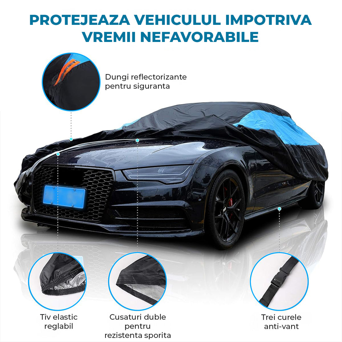 Prelata Auto Premium Elindor® Impermeabila, Antigrindina, Protectie UV Anti Soare , Praf si Zapada, Husa Auto Exterior Universala pentru Masina, Marime Hatchback M 382*165*120 cm, Negru