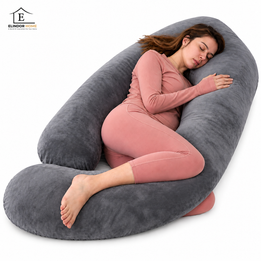 Perna pentru Gravide si Alaptare Elindor®, Multifunctionala, Forma de U, Suport Ergonomic pentru Burta, Spate, Gat, Cap si Picioare, Husa Detasabila din Bumbac Satinat, Lavabila, Confortabila pentru Dormit pe Lateral, 3 kg, 175 x 90 cm, Gri
