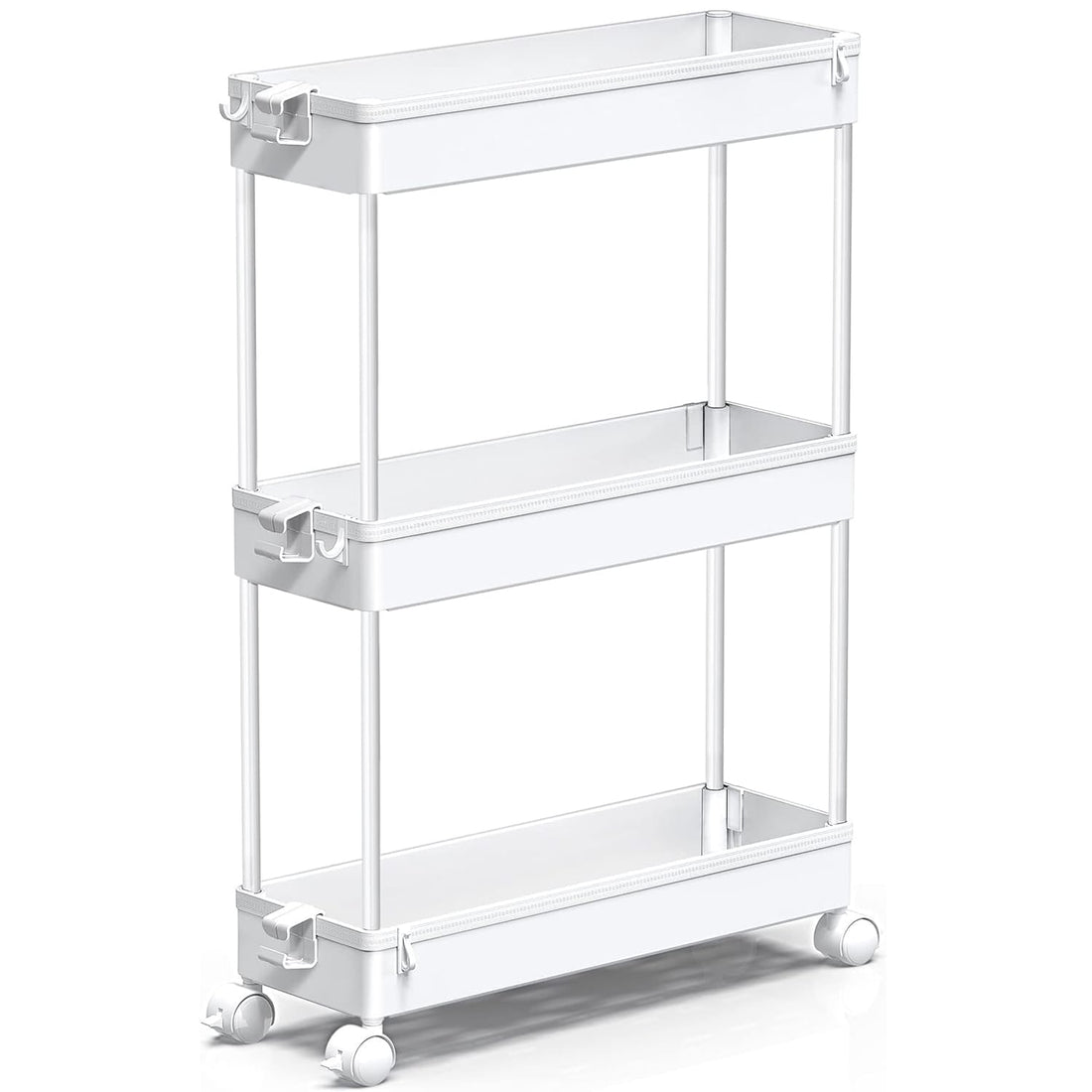 Carucior de Depozitare Slim Elindor®, Organizare, 3 Niveluri, Carlige pentru Chei, Organizator Multifunctional pentru Baie, Birou, Bucatarie, Spalatorie, Locuri Inguste, ABS, Alb