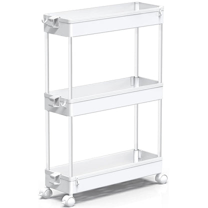 Carucior de Depozitare Slim Elindor®, Organizare, 3 Niveluri, Carlige pentru Chei, Organizator Multifunctional pentru Baie, Birou, Bucatarie, Spalatorie, Locuri Inguste, ABS, Alb
