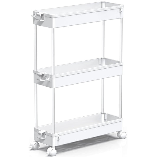Carucior de Depozitare Slim Elindor®, Organizare, 3 Niveluri, Carlige pentru Chei, Organizator Multifunctional pentru Baie, Birou, Bucatarie, Spalatorie, Locuri Inguste, ABS, Alb