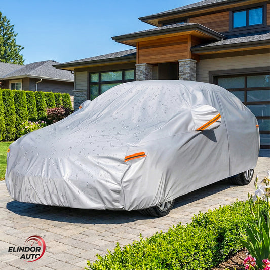 Prelata Auto Premium Elindor® Impermeabila, Protectie UV, Antisoare, Praf, Ploaie si Zapada, Toate Anotimpurile, Husa Exterior, Huse Protectie Completa, Universala, Accesorii Masina, Marime Sedan XXXL, 530 × 200 × 150 cm, Gri