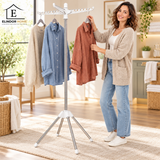 Uscator de Rufe Vertical Elindor®, Suport Pliabil pentru Haine, 27 Pozitii de Agatare, Brate Rotative 360°, Structura din Otel Inoxidabil si Plastic, 4 Picioare Stabile, Capacitate 15 kg, Inaltime 182.6 cm, Alb / Argintiu