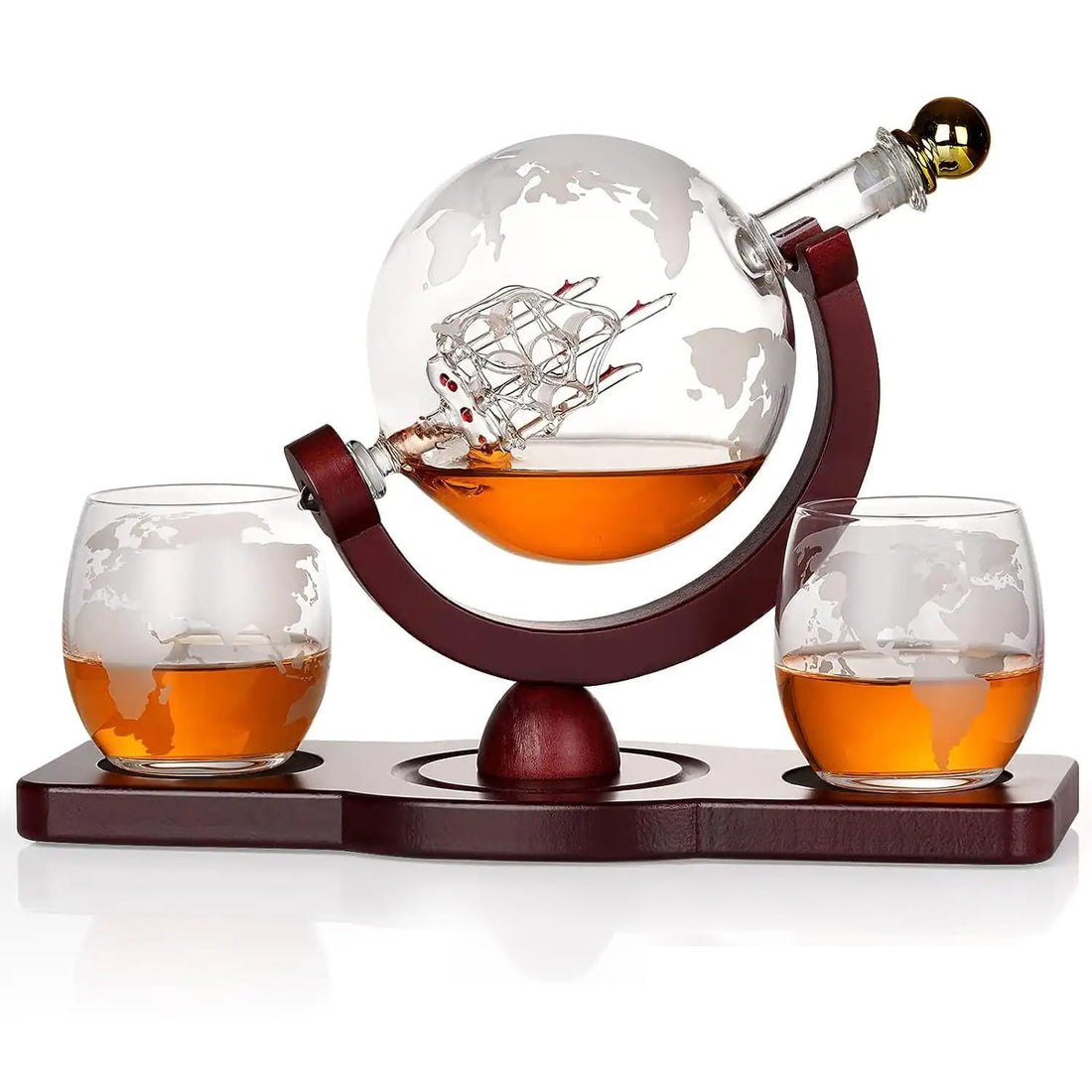 Set Decantor Glob Pamantesc Elindor®Whiskey cu 2 Pahare Gravate, Stativ din Lemn, Transparent
