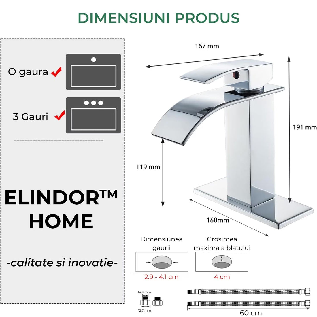 Baterie Cascadă Elindor® pentru Chiuveta Baie, Finisaj Cromat, Mâner Unic, Placă pentru 1 sau 3 Găuri
