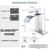 Baterie Cascadă Elindor® pentru Chiuveta Baie, Finisaj Cromat, Mâner Unic, Placă pentru 1 sau 3 Găuri