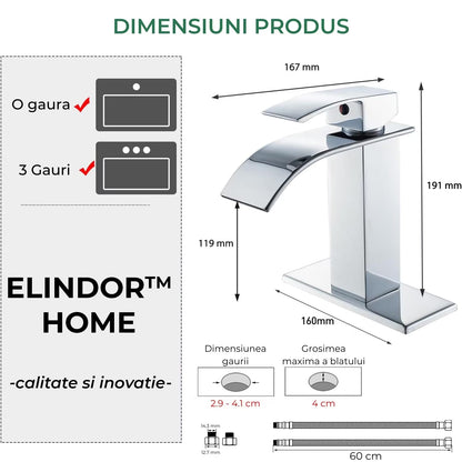 Baterie Cascadă Elindor® pentru Chiuveta Baie, Finisaj Cromat, Mâner Unic, Placă pentru 1 sau 3 Găuri