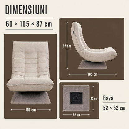 Fotoliu Reglabil Elindor® fara Manere, Scaun de Relaxare cu 5 Pozitii ale Spatarului de 60 cm, Rotativ 360°, Captusit, Ideal pentru Living, Dormitor, Gaming, 60 × 105 × 86 cm, Bej