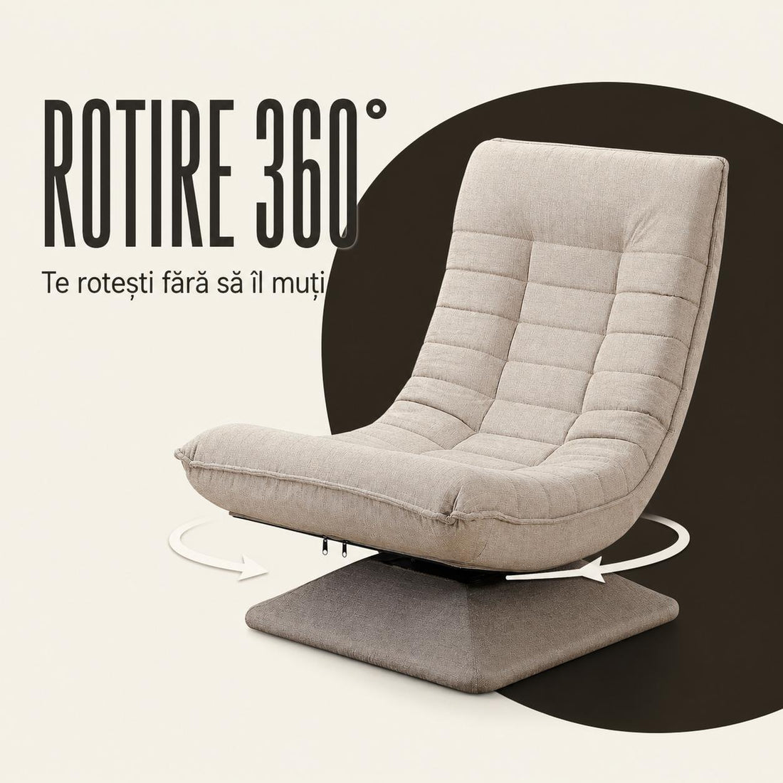 Fotoliu Reglabil Elindor® fara Manere, Scaun de Relaxare cu 5 Pozitii ale Spatarului de 60 cm, Rotativ 360°, Captusit, Ideal pentru Living, Dormitor, Gaming, 60 × 105 × 86 cm, Bej