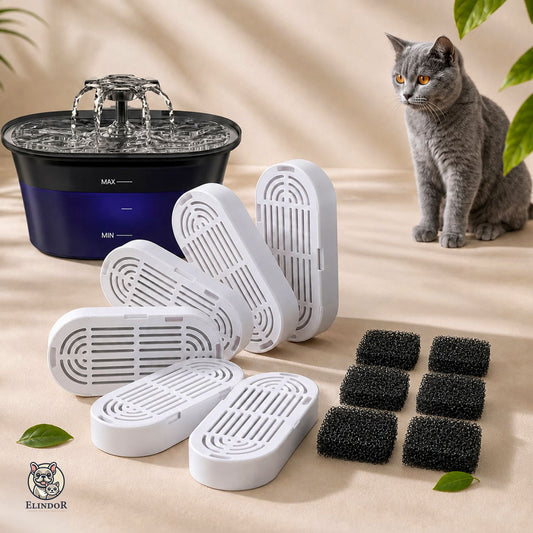 Set 6 Filtre + 6 Bureti Elindor® pentru Fantana de Apa Pisici si Caini, Compatibilitate cu Dispensere de Apa, Filtrare Multipla, Carbon Activ, din Bumbac, Alb