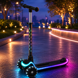 Trotineta pentru Copii Elindor® cu 3 Roti, cu Roti cu Lumini LED, pentru Fete si Baieti de 3 - 12 ani, Sistem Ghidon cu Inclinare, Ajustabil 63 - 79 cm, Greutate Maxima Suportata 50 kg, Suprafata Antiderapanta, Negru