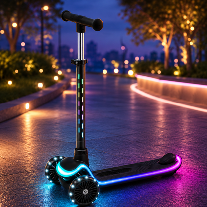 Trotineta pentru Copii Elindor® cu 3 Roti, cu Roti cu Lumini LED, pentru Fete si Baieti de 3 - 12 ani, Sistem Ghidon cu Inclinare, Ajustabil 63 - 79 cm, Greutate Maxima Suportata 50 kg, Suprafata Antiderapanta, Negru