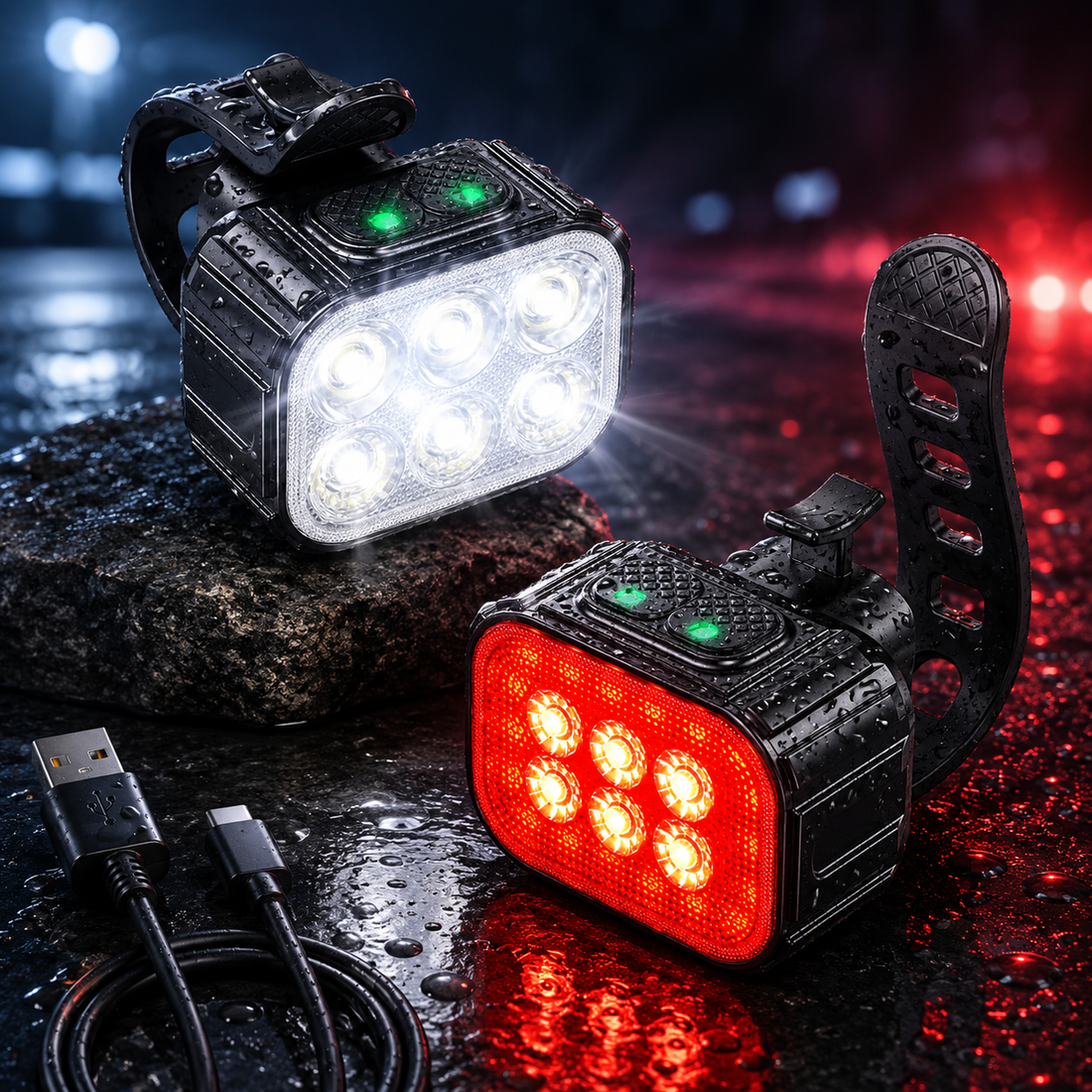 Set Lumini pentru Bicicleta Elindor® Far Fata cu 4 Moduri de Iluminare, Lumina Stop Spate LED, Impermeabil IPX65, Incarcare USB, Faruri cu Acumulator Incorporat 1100 mAh, 6 Leduri, Accesorii Bicicleta, Negru
