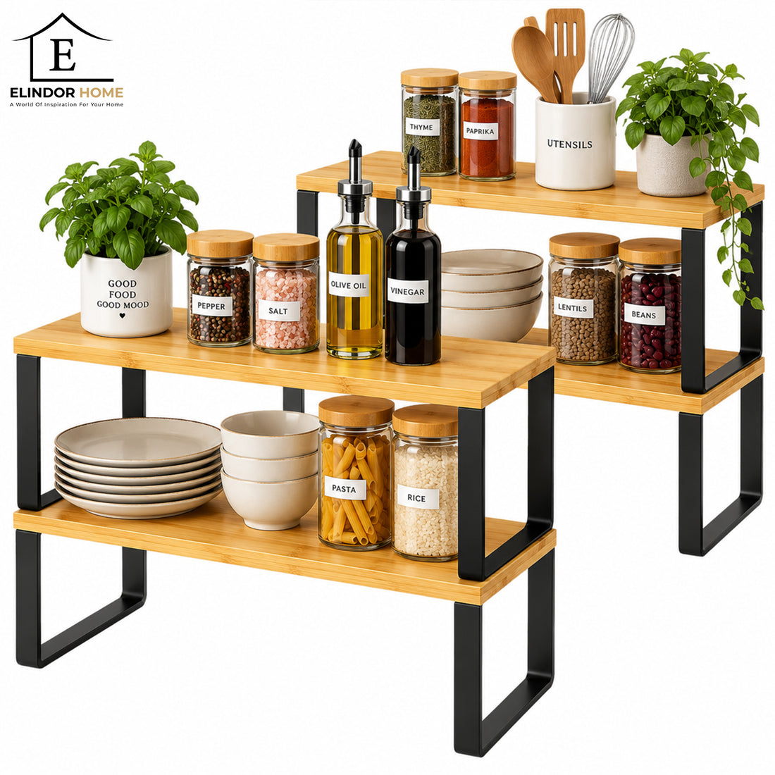 Set 4 Rafturi Elindor®, Raft de Depozitare, Mobila Bucatarie, Dormitor, Baie sau Birou, Etajera Practica cu Design Aerisit, Usor de Asamblat, Perfecta pentru Organizare Carti, Vesela, Condimente, Polita Produse Diverse, 40 x 29 x 18.5 cm, Maro
