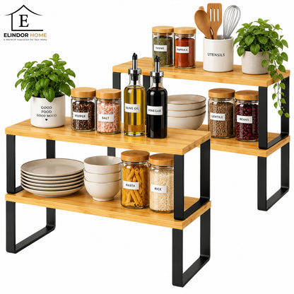 Set 4 Rafturi Elindor®, Raft de Depozitare, Mobila Bucatarie, Dormitor, Baie sau Birou, Etajera Practica cu Design Aerisit, Usor de Asamblat, Perfecta pentru Organizare Carti, Vesela, Condimente, Polita Produse Diverse, 40 x 29 x 18.5 cm, Maro