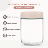 Borcan din sticlă de 450 ml cu capac din plastic, potrivit pentru depozitare și utilizare alimentară.