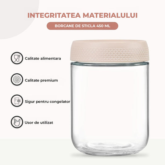 Borcan din sticlă de 450 ml cu capac din plastic, potrivit pentru depozitare și utilizare alimentară.