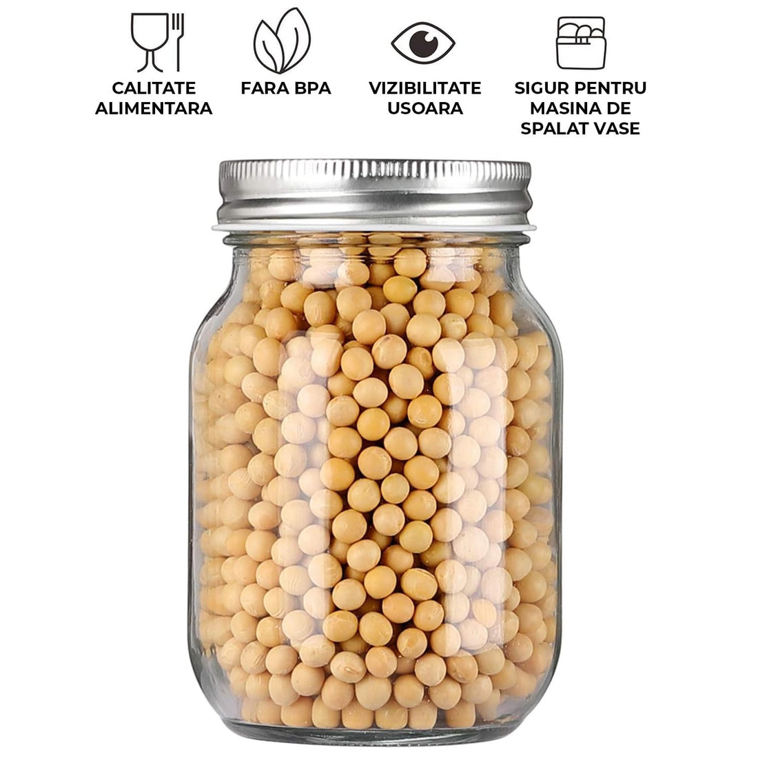 Borcan de sticlă cu alimente depozitate în siguranță.