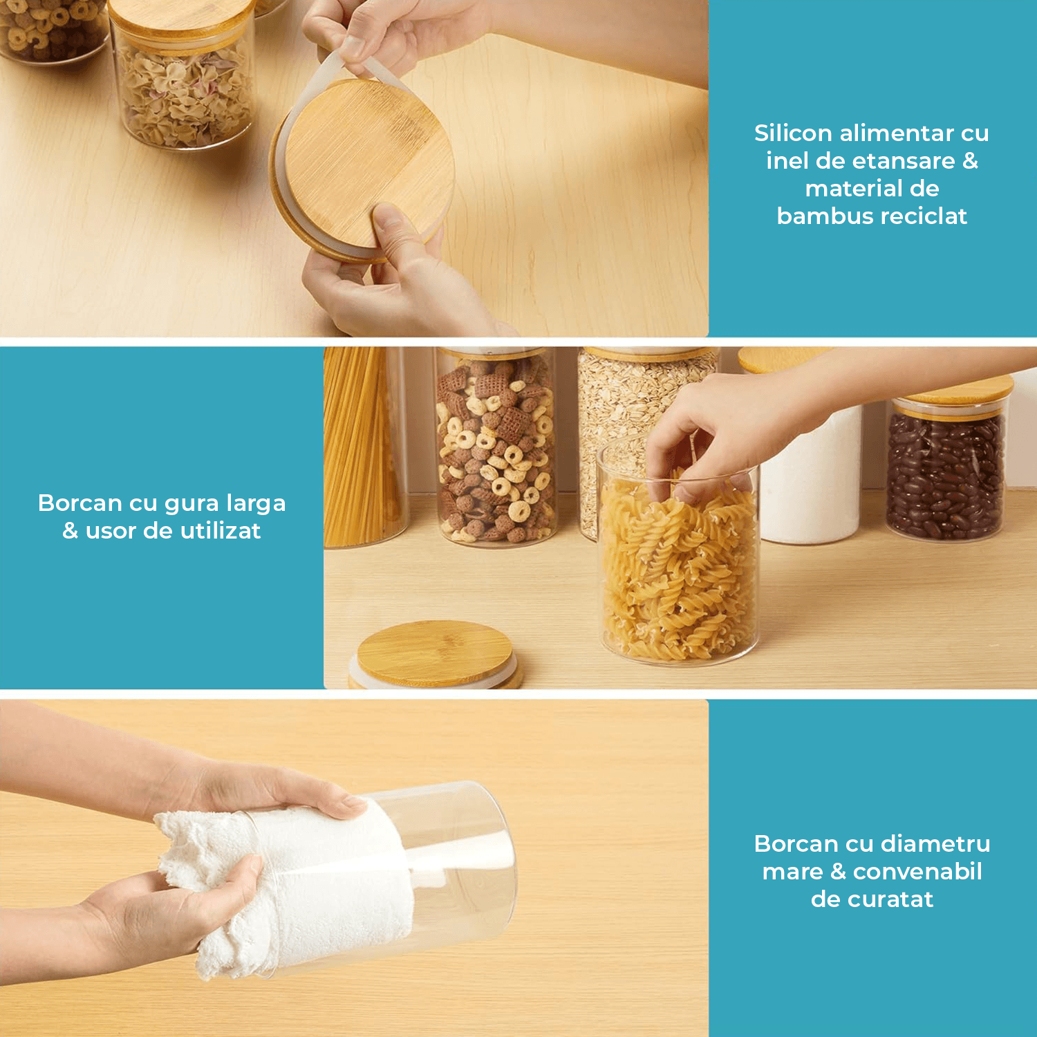 Borcan din sticlă cu capac din bambus și etanșare din silicon alimentar, ușor de utilizat și curățat.