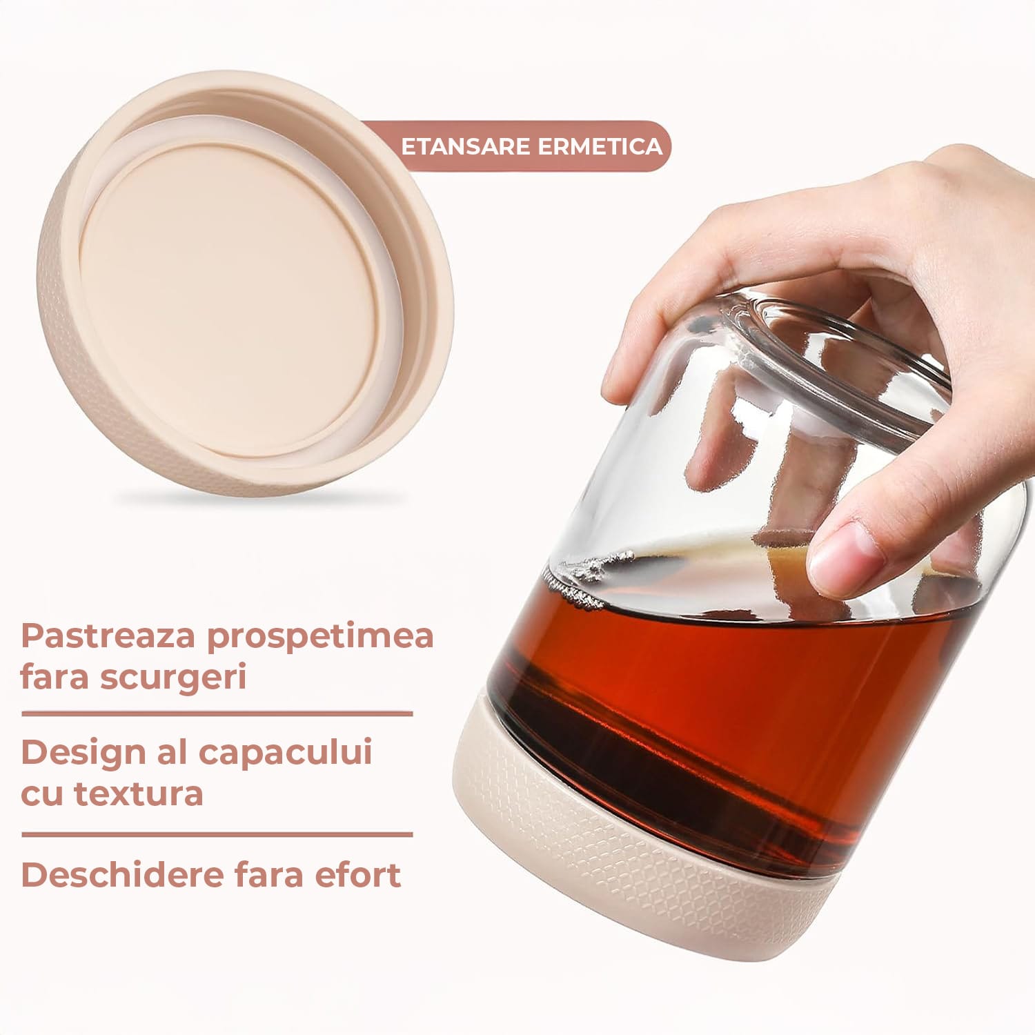 Borcan din sticlă de 450 ml cu capac etanș, păstrând prospețimea lichidelor fără scurgeri.