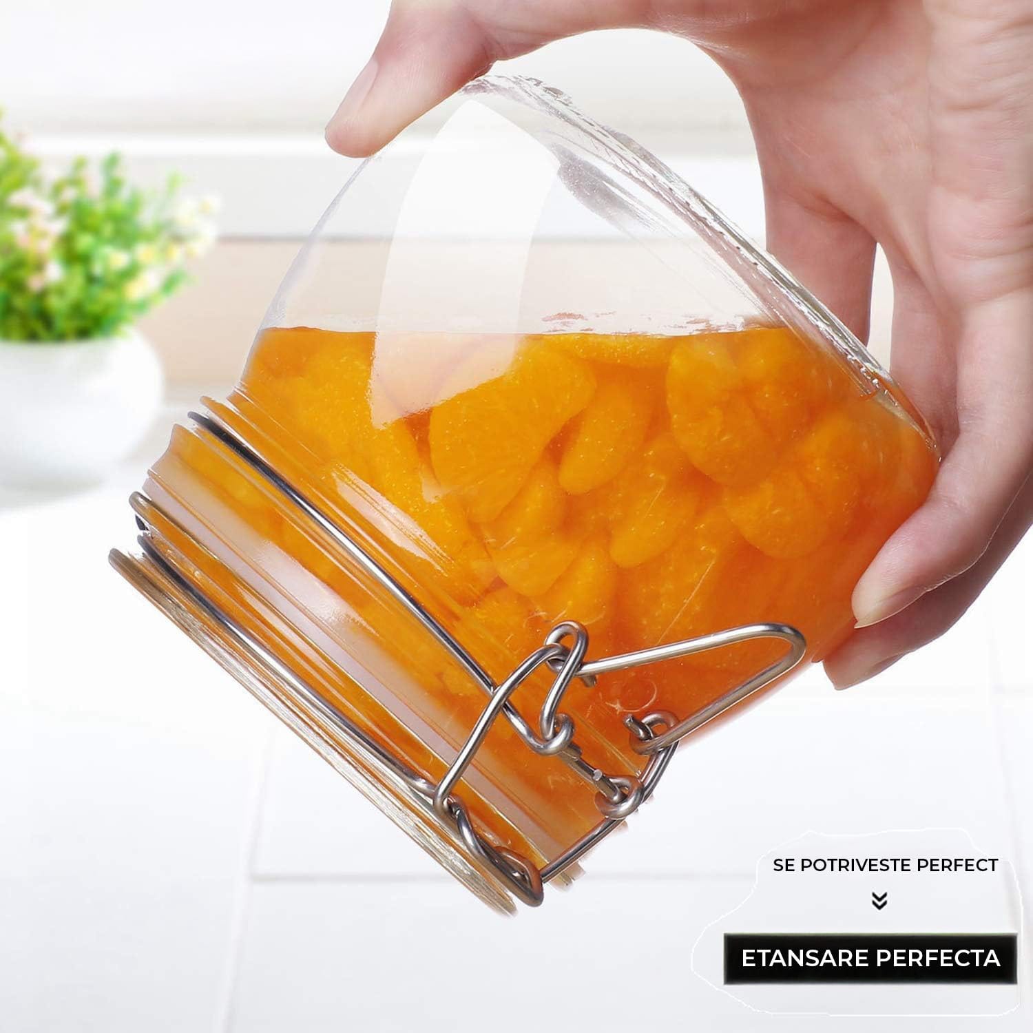 Borcan din sticlă de 500 ml cu închidere ermetică, ideal pentru depozitarea alimentelor lichide sau conservate.