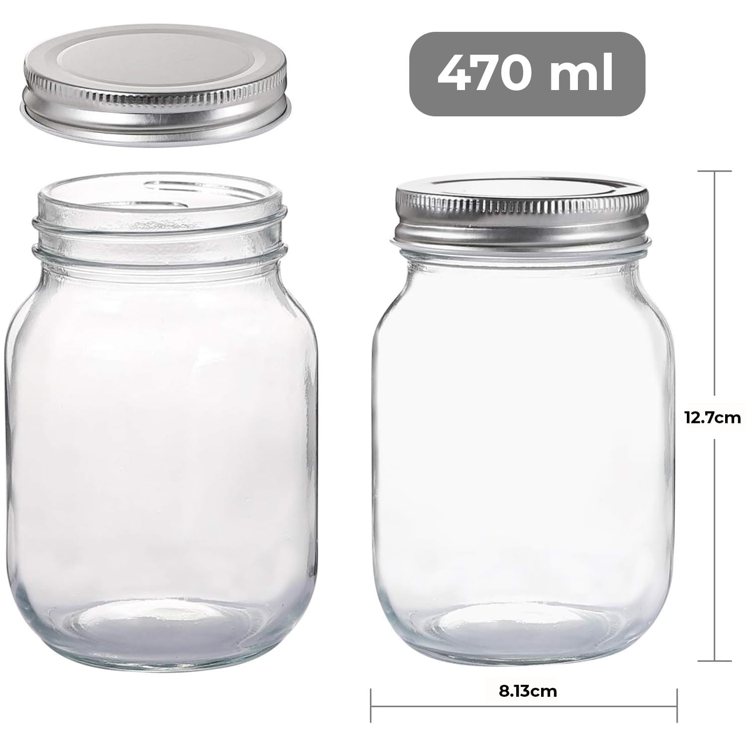 Borcane de sticlă cu dimensiuni de 470 ml, ideale pentru depozitare.