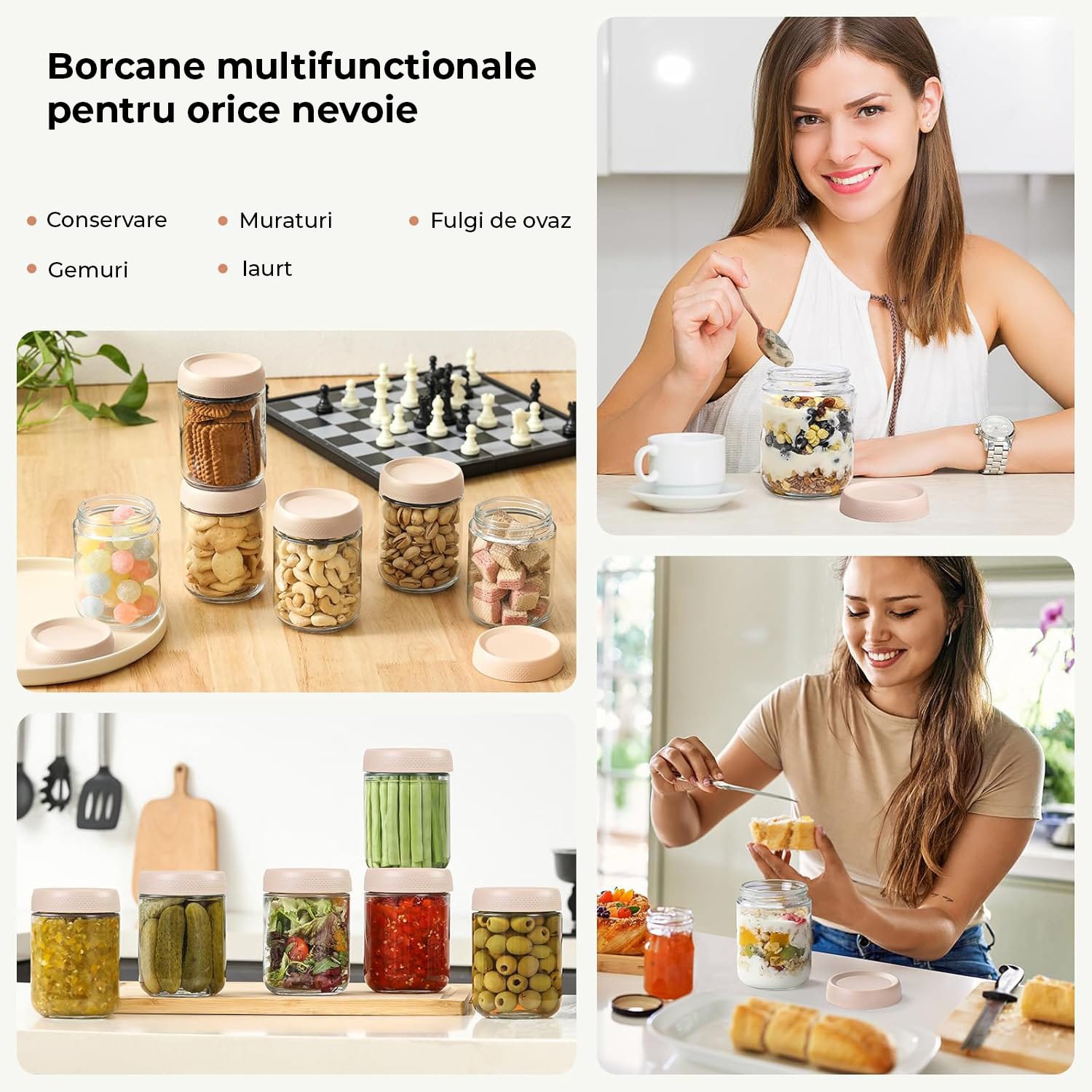 Borcane din sticlă multifuncționale, ideale pentru conservare, depozitare de murături, gemuri, iaurt sau fulgi de ovăz.