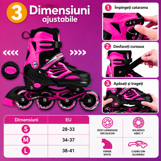 Role Reglabile Elindor® pentru Copii si Adulti, 4 Roti Luminoase din Silicon in Linie, Rulmenti ABEC-7, Frana Spate, Aluminiu / Poliuretan, Patine cu Rotile pentru Fete, Baieti, Dama, DK01, Marimea S, 28-33, Roz