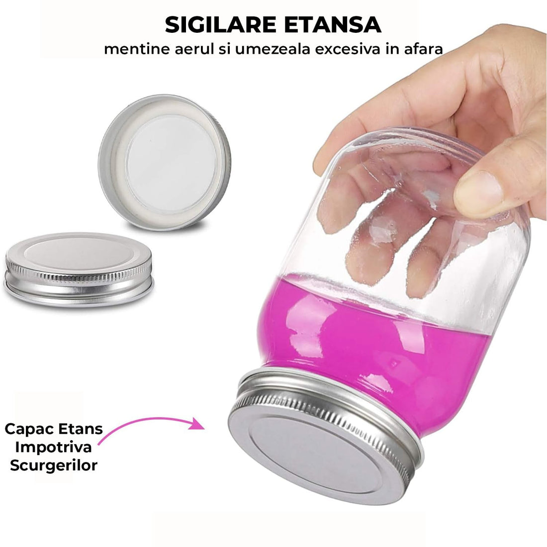 Set 4 Borcane din Sicla Elindor®, Capace Metalice Argintii, 470 ml, Transparent