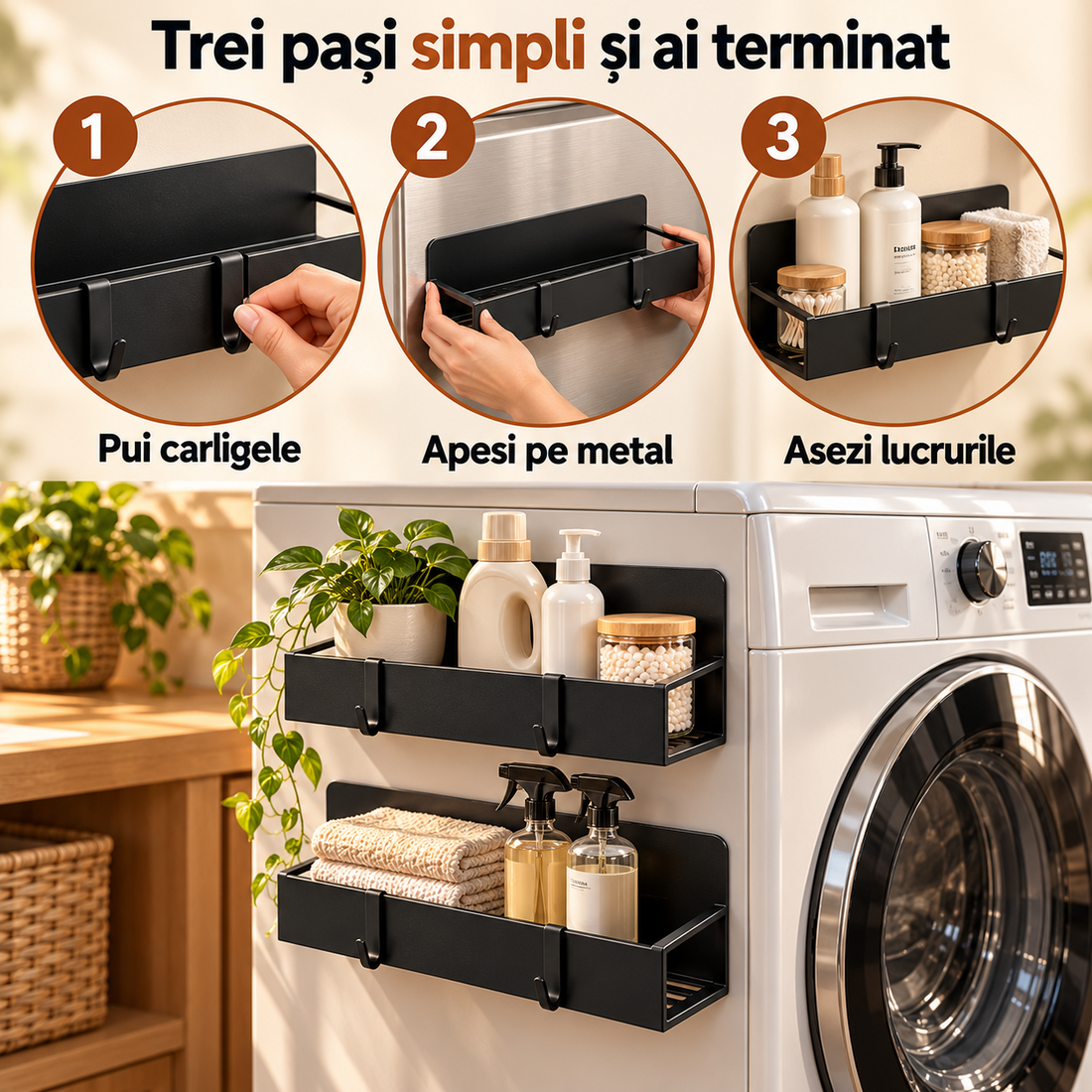 Set 2 Rafturi Magnetice Elindor®, Organizatoare pentru Frigider si Bucatarie, Suporturi de Depozitare din Otel Carbon, Fixare Magnetica Fara Gaurire, Baza cu Plasa Metalica, 4 Carlige pentru Accesorii, 29.5 x 7.5 x 9.5 cm, Negru