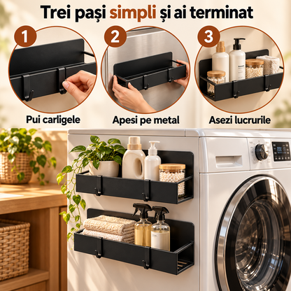 Set 2 Rafturi Magnetice Elindor®, Organizatoare pentru Frigider si Bucatarie, Suporturi de Depozitare din Otel Carbon, Fixare Magnetica Fara Gaurire, Baza cu Plasa Metalica, 4 Carlige pentru Accesorii, 29.5 x 7.5 x 9.5 cm, Negru
