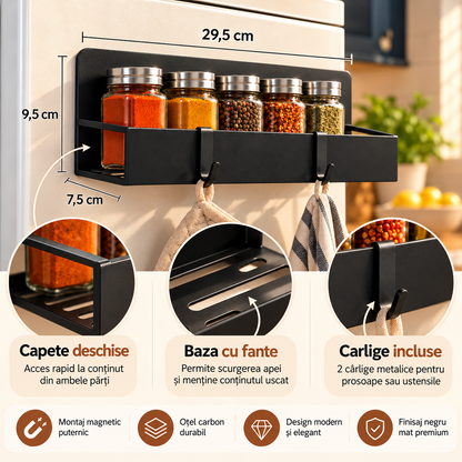 Set 2 Rafturi Magnetice Elindor®, Organizatoare pentru Frigider si Bucatarie, Suporturi de Depozitare din Otel Carbon, Fixare Magnetica Fara Gaurire, Baza cu Plasa Metalica, 4 Carlige pentru Accesorii, 29.5 x 7.5 x 9.5 cm, Negru