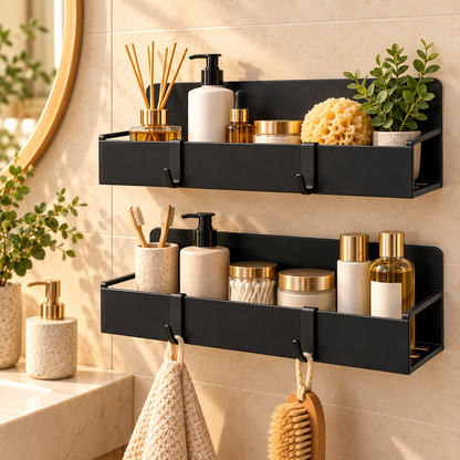 Set 2 Rafturi Magnetice Elindor®, Organizatoare pentru Frigider si Bucatarie, Suporturi de Depozitare din Otel Carbon, Fixare Magnetica Fara Gaurire, Baza cu Plasa Metalica, 4 Carlige pentru Accesorii, 29.5 x 7.5 x 9.5 cm, Negru